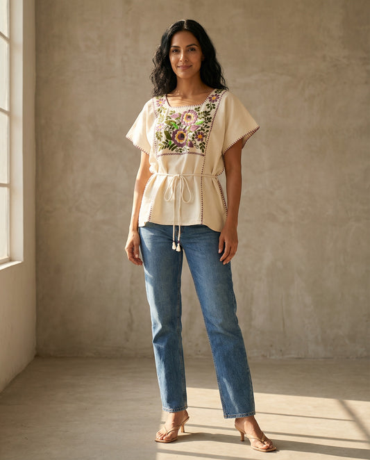 Handbestickte Baumwollbluse Nr. 9 – Creme