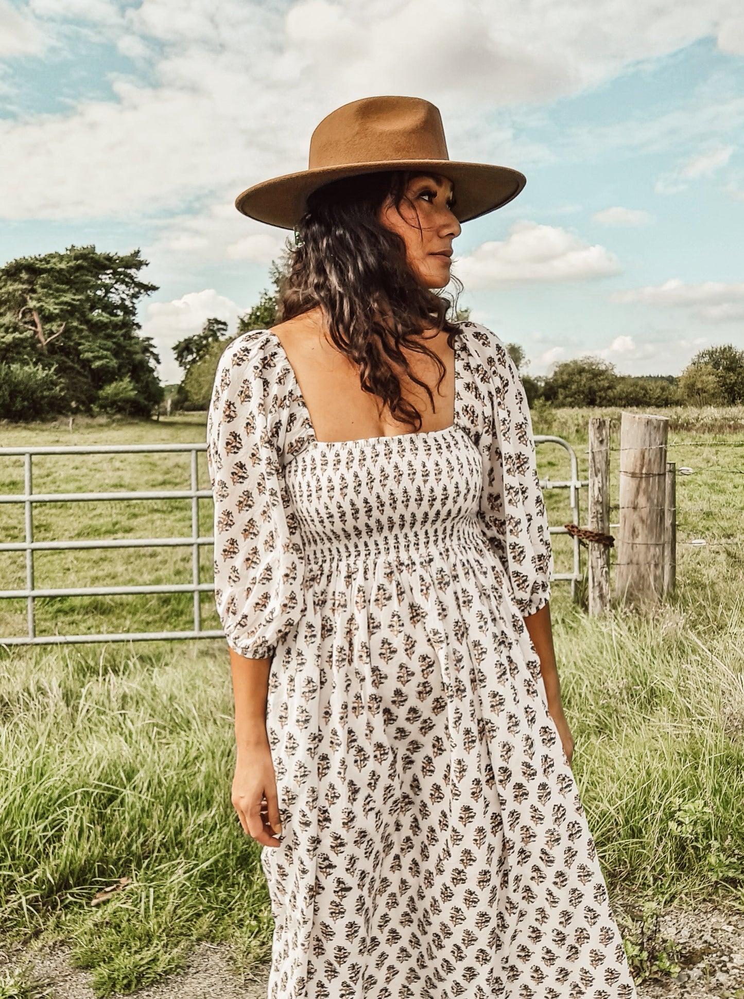 Cotton Smocked Midi Dress With Pockets