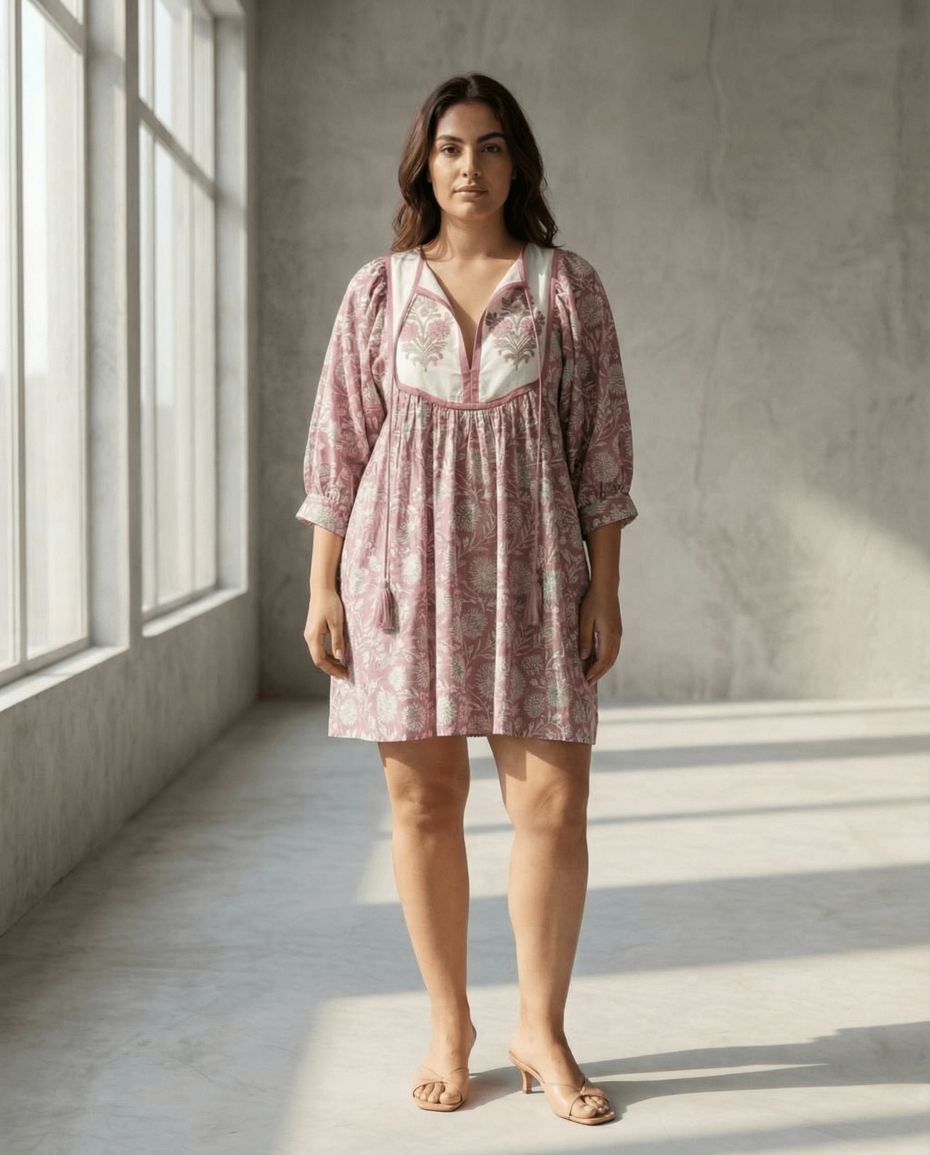 Freya Minikleid mit Handblockdruck – Mauve, handgefertigt, Slow Fashion, vintage-inspiriert mit bauschigen Ärmeln.