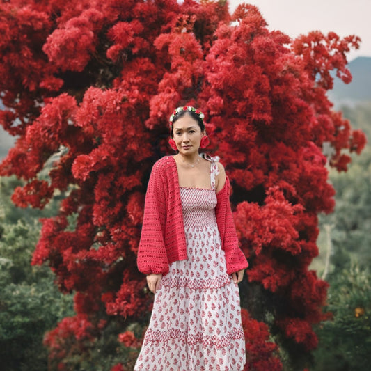 Frida Maxikleid mit Blockdruck - weiß/rot