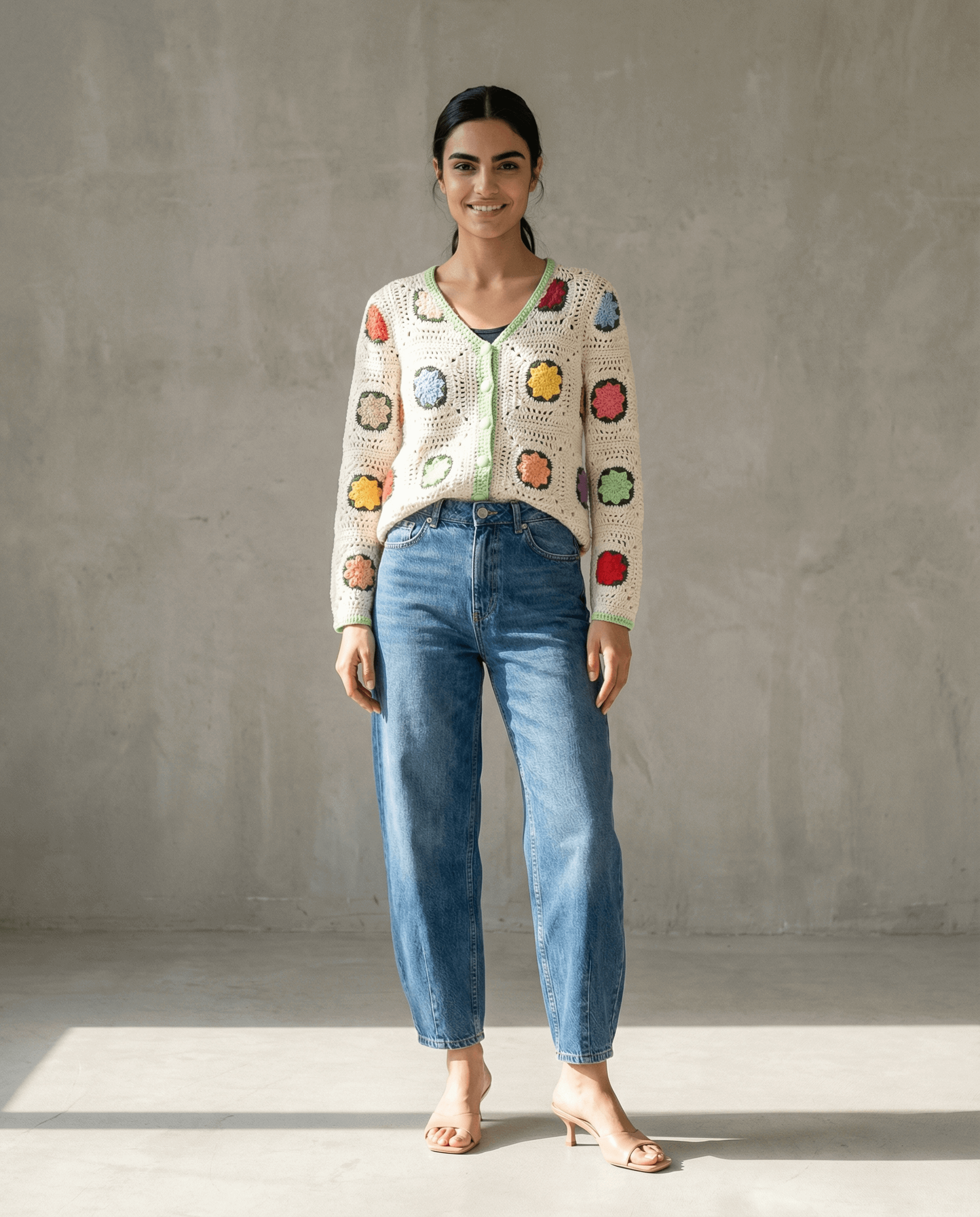 Handgemachte Strickjacke in buntem Patchwork-Design, kombiniert mit lässigen Jeans und Sandalen.