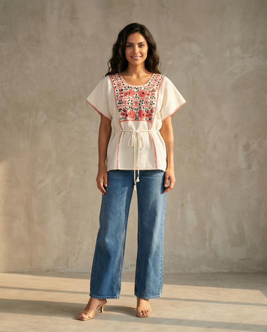 Handbestickte Baumwollbluse Nr. 13 – Creme/Rosa