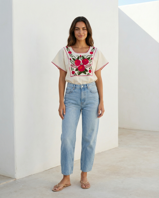 Hand-embroidered Carmela blouse No. 11 – cream/magenta