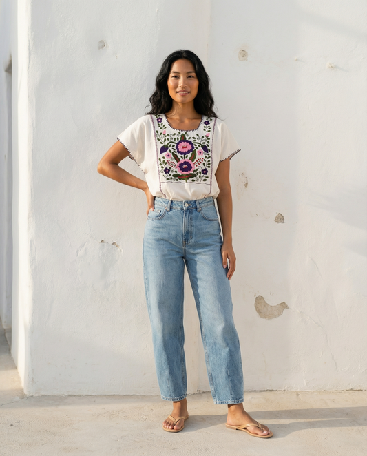 Hand-embroidered cotton blouse No. 16 – cream