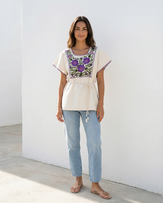 Hand-embroidered cotton blouse No. 7 – cream/purple