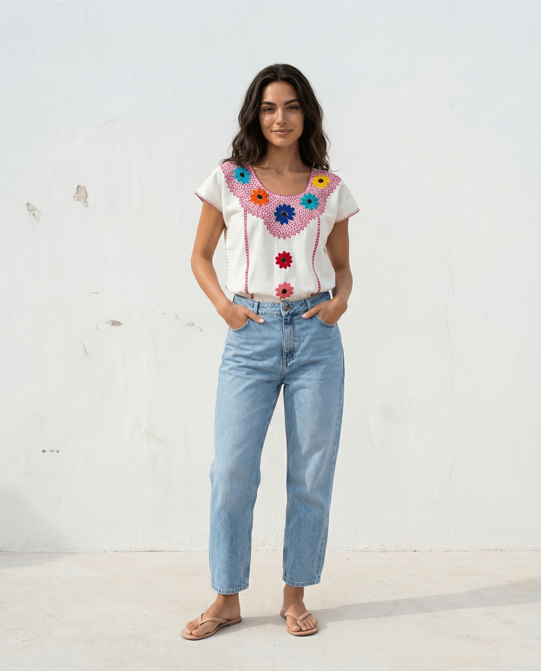 Handbestickte Carmela Bluse Nr. 3 – Mehrfarbige Blumen, handgefertigt in Oaxaca, Slow Fashion