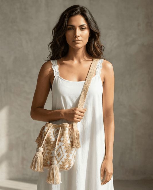 Wayuu Tasche – Strasscreme, handgefertigt mit schönen Quasten, präsentiert von einem model in einfacher Kleidung.