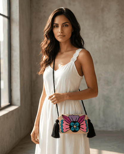 Wayuu Clutch – Beige/Rosa/Blau