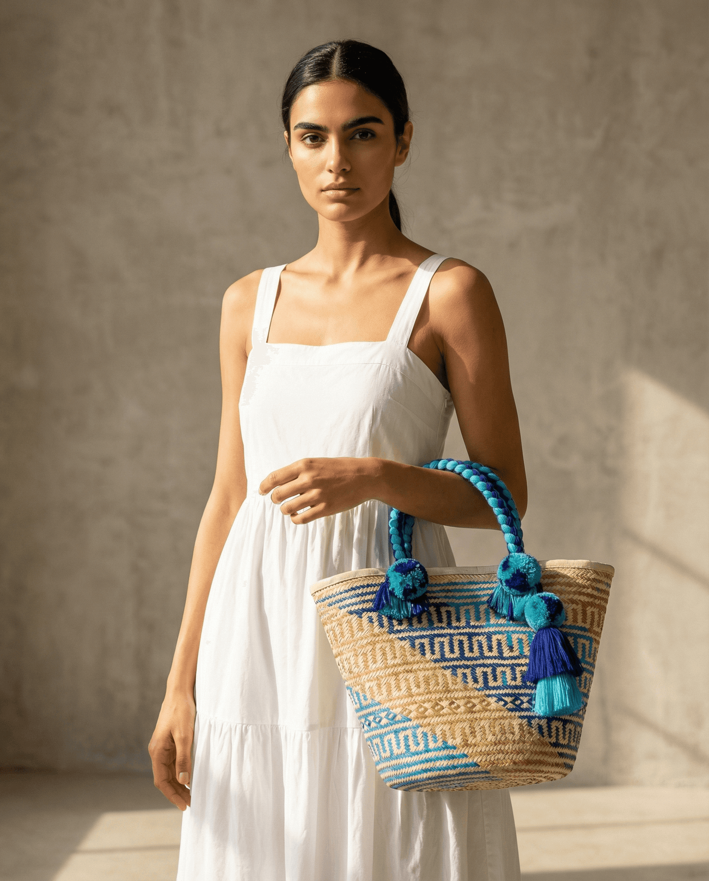 Handgefertigte Korbtasche groß - Blau