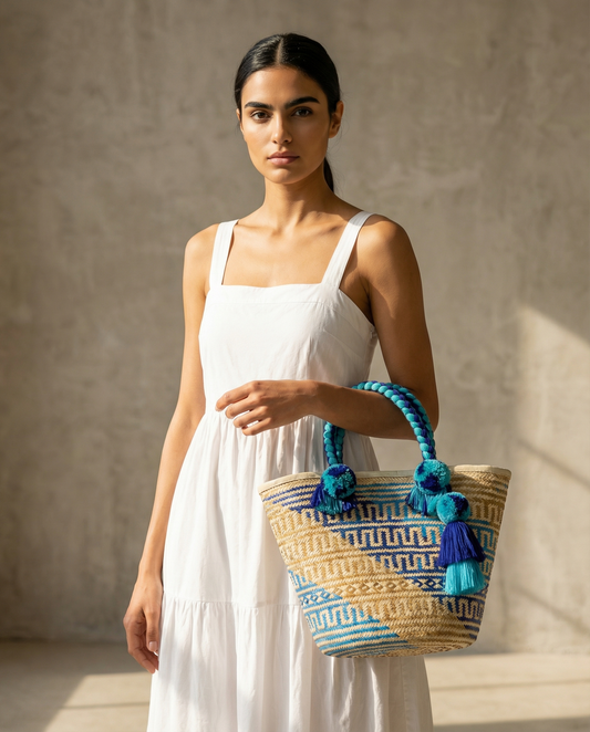 Handgefertigte Korbtasche groß - Blau