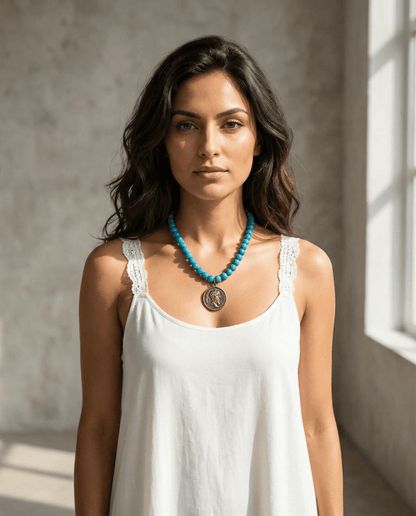 Handgefertigte Halskette – Blau, stilvolle Trägerin in heller Bluse mit einzigartiger Perlenkette.