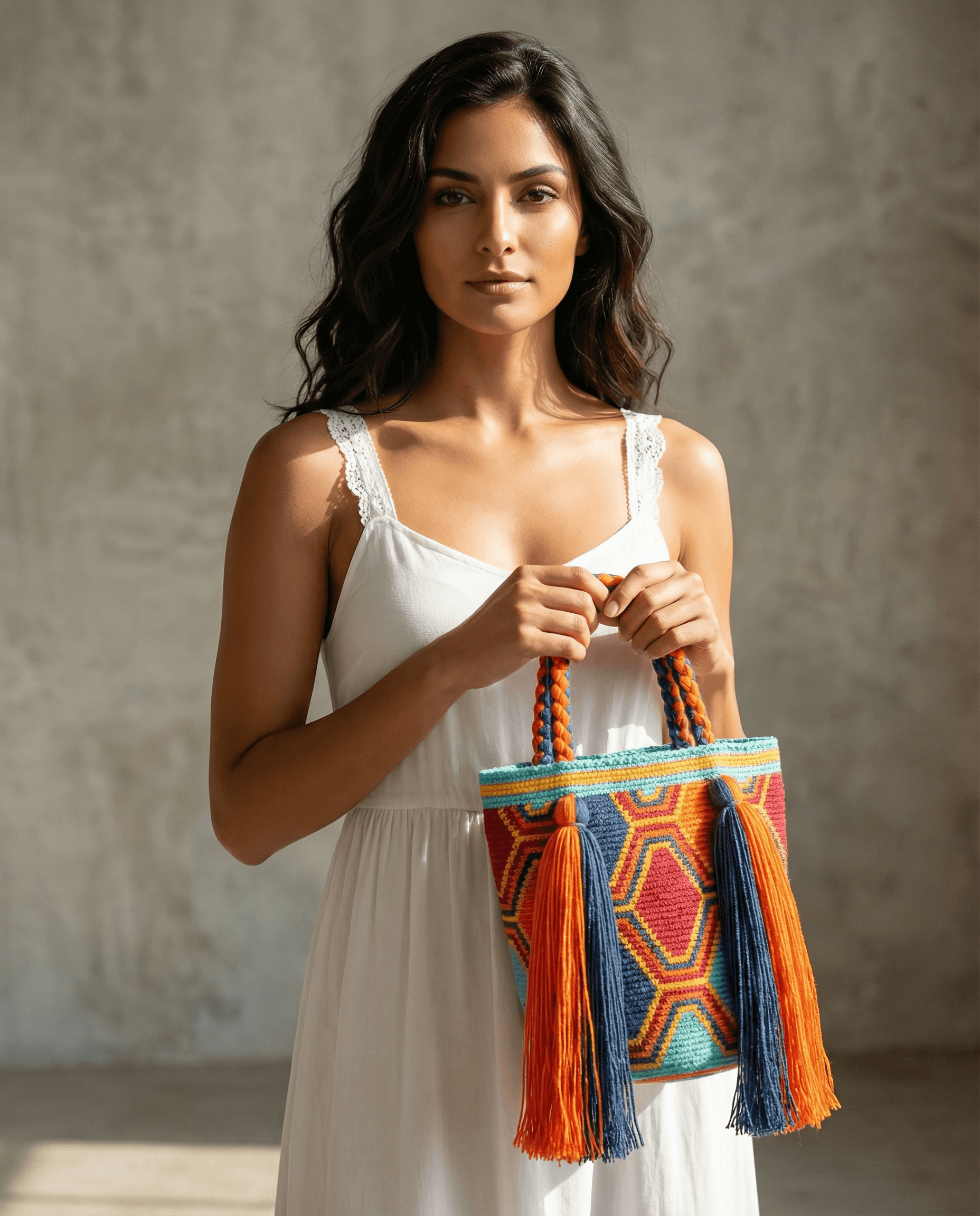 Handgefertigte Tasche mit Quasten – Orange/Blau, ein einzigartiges Accessoire für jede Gelegenheit.