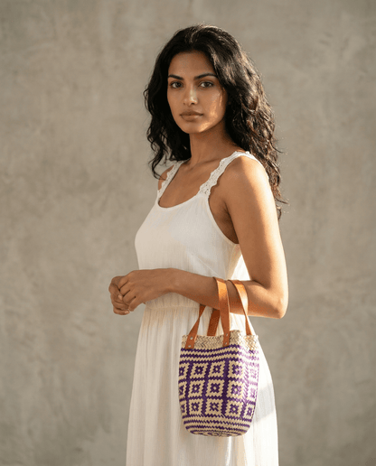 Las Palmas Basket Bag Small with Brown Leather Handle – Purple/Cream