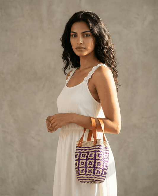 Las Palmas Basket Bag Small with Brown Leather Handle – Purple/Cream