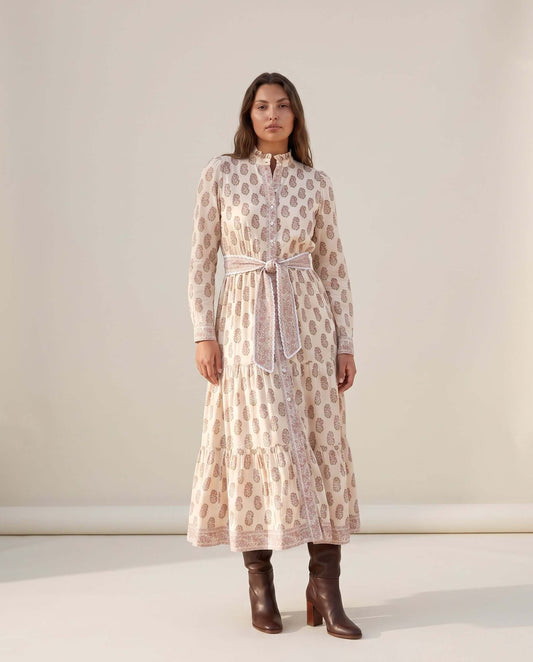 Isabel Handblock Print Baumwoll Maxikleid