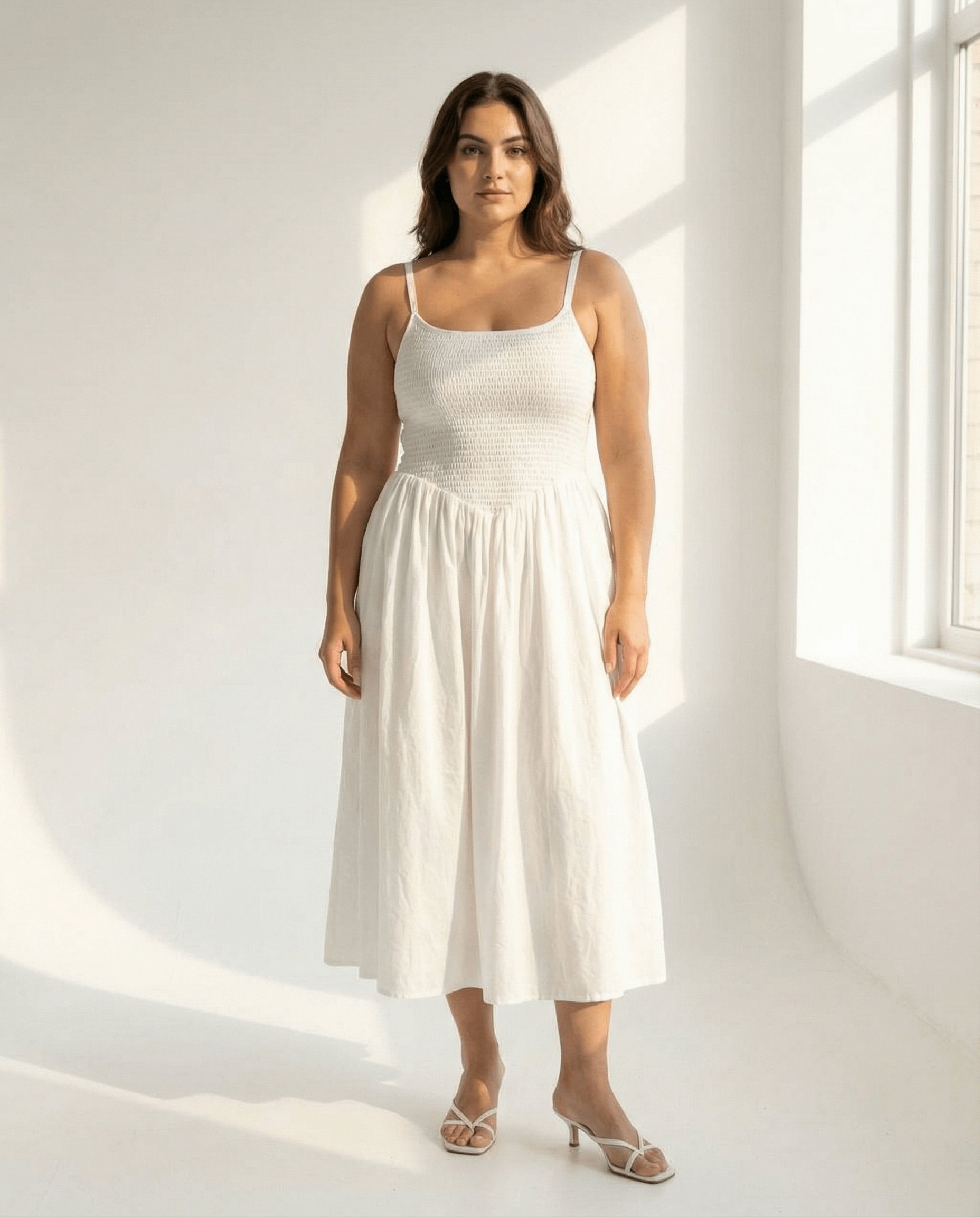Jardin Midi Kleid aus Baumwolle - Weiß, handgefertigt, Slow Fashion, atmungsaktives Sommer Kleid in stilvollem Design.