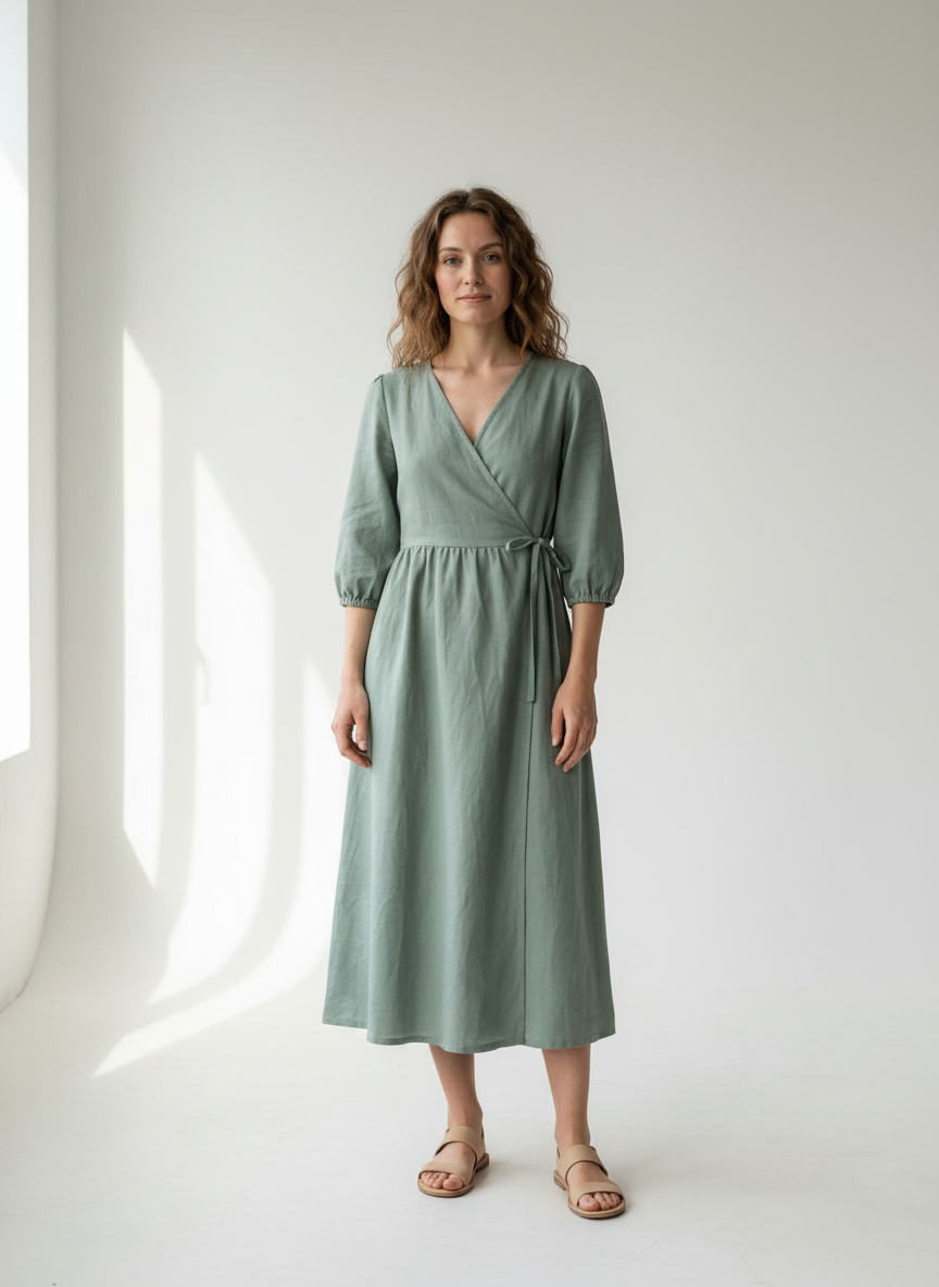 Lana Wickelkleid aus Baumwolle und Leinen – Salbei