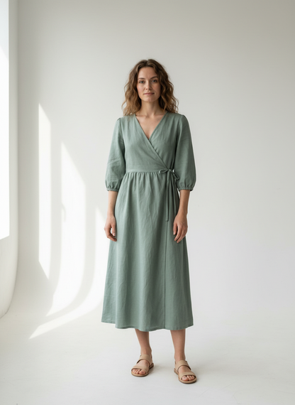 Lana Wickelkleid aus Baumwolle und Leinen – Salbei