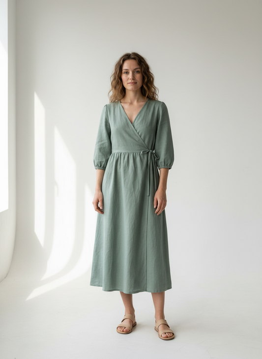 Lana Wickelkleid aus Baumwolle und Leinen – Salbei