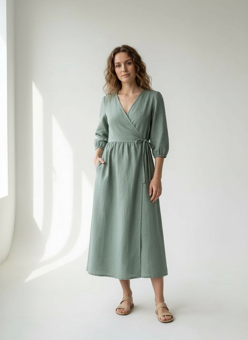 Lana Wickelkleid aus Baumwolle und Leinen – Salbei