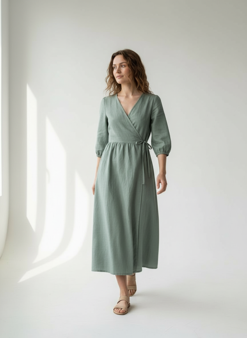 Lana Wickelkleid aus Baumwolle und Leinen – Salbei