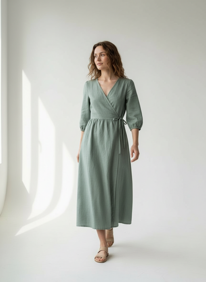 Lana Wickelkleid aus Baumwolle und Leinen – Salbei