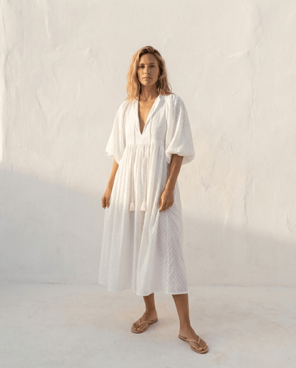 Lucia Jaquared Cotton Mid Dress White
