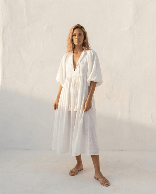 Lucia Jaquared Cotton Mid Dress White
