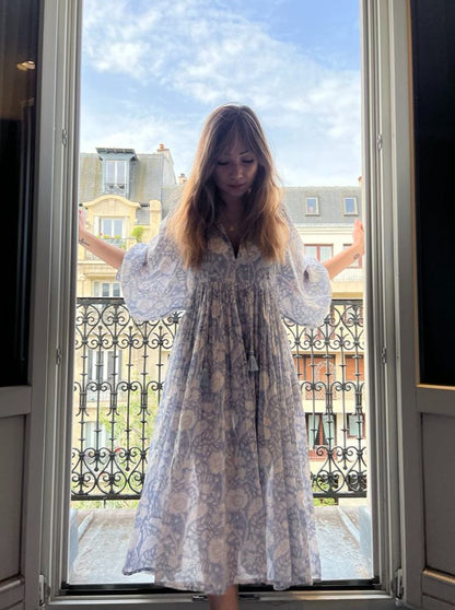 Camilla Hand Block Print Dress - Powder Blue