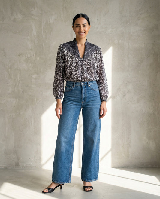 Olivia Bluse mit Handblockdruck – Schwarz/Weiß