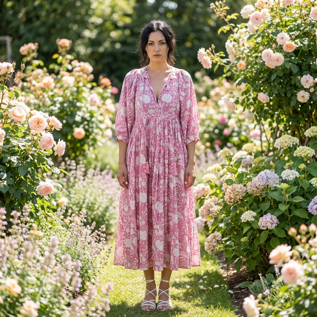 Camilla Kleid mit Handblockdruck – Pink