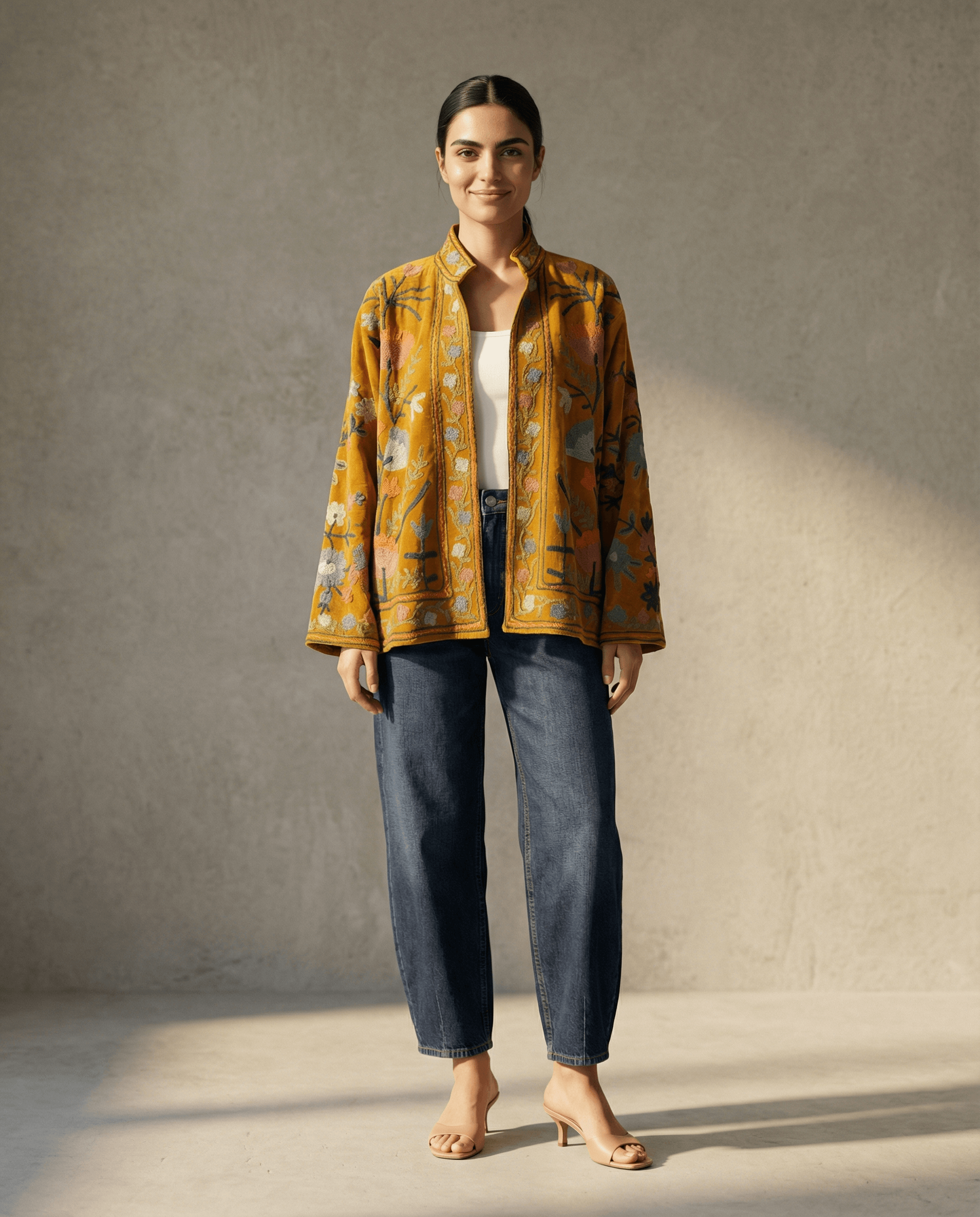 Samtjacke mit Stickerei - No.7, bestickte Jacke in gelber Farbe, entspanntes Design, ideal zum Layern.