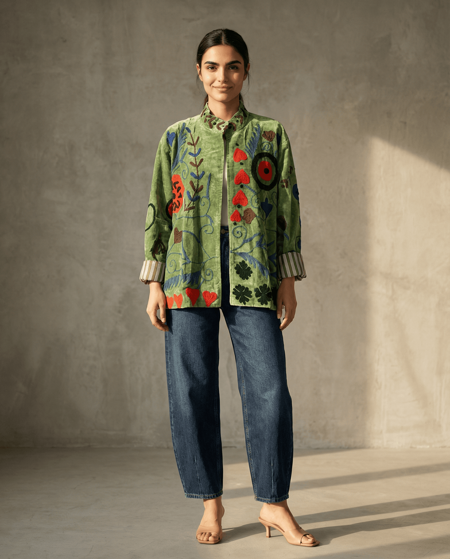 Wendbare bestickte Samtjacke -No.8 in grün mit farbenfroher Handstickerei für ein stilvolles Outfit.