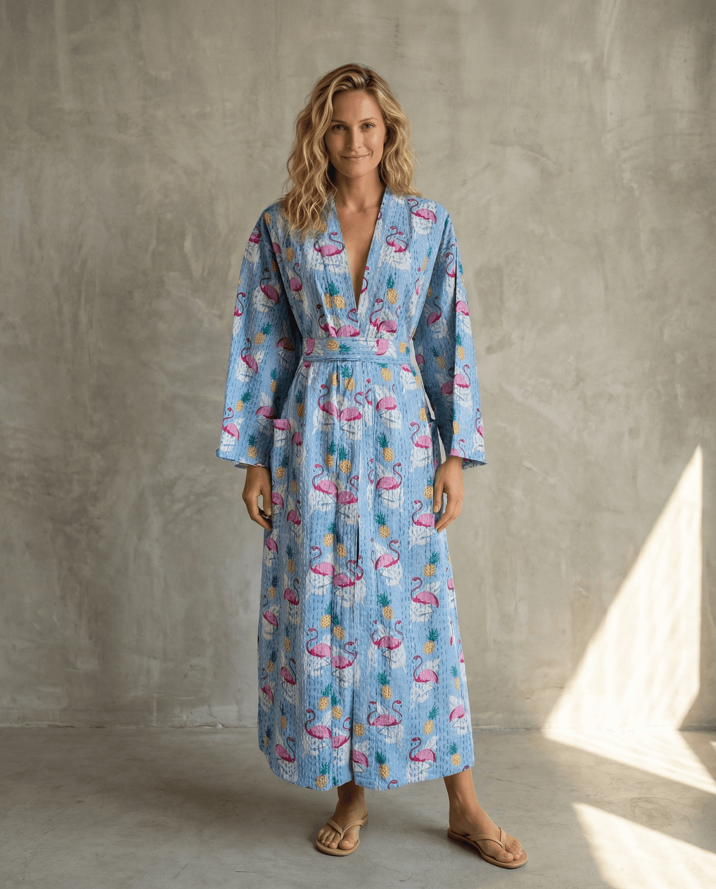 Wendbarer gesteppter Kimono aus Baumwolle - Flamingo
