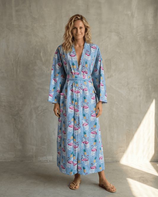 Wendbarer gesteppter Kimono aus Baumwolle - Flamingo