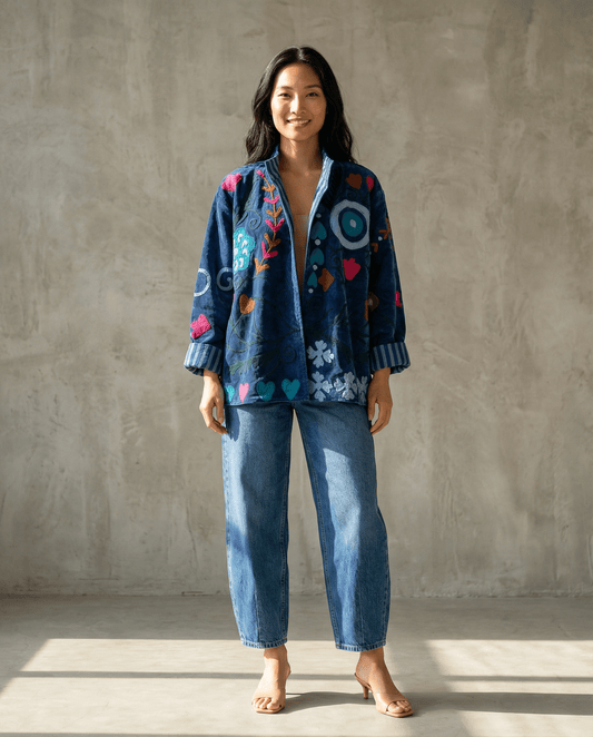 Wendbare bestickte Samtjacke - Blau