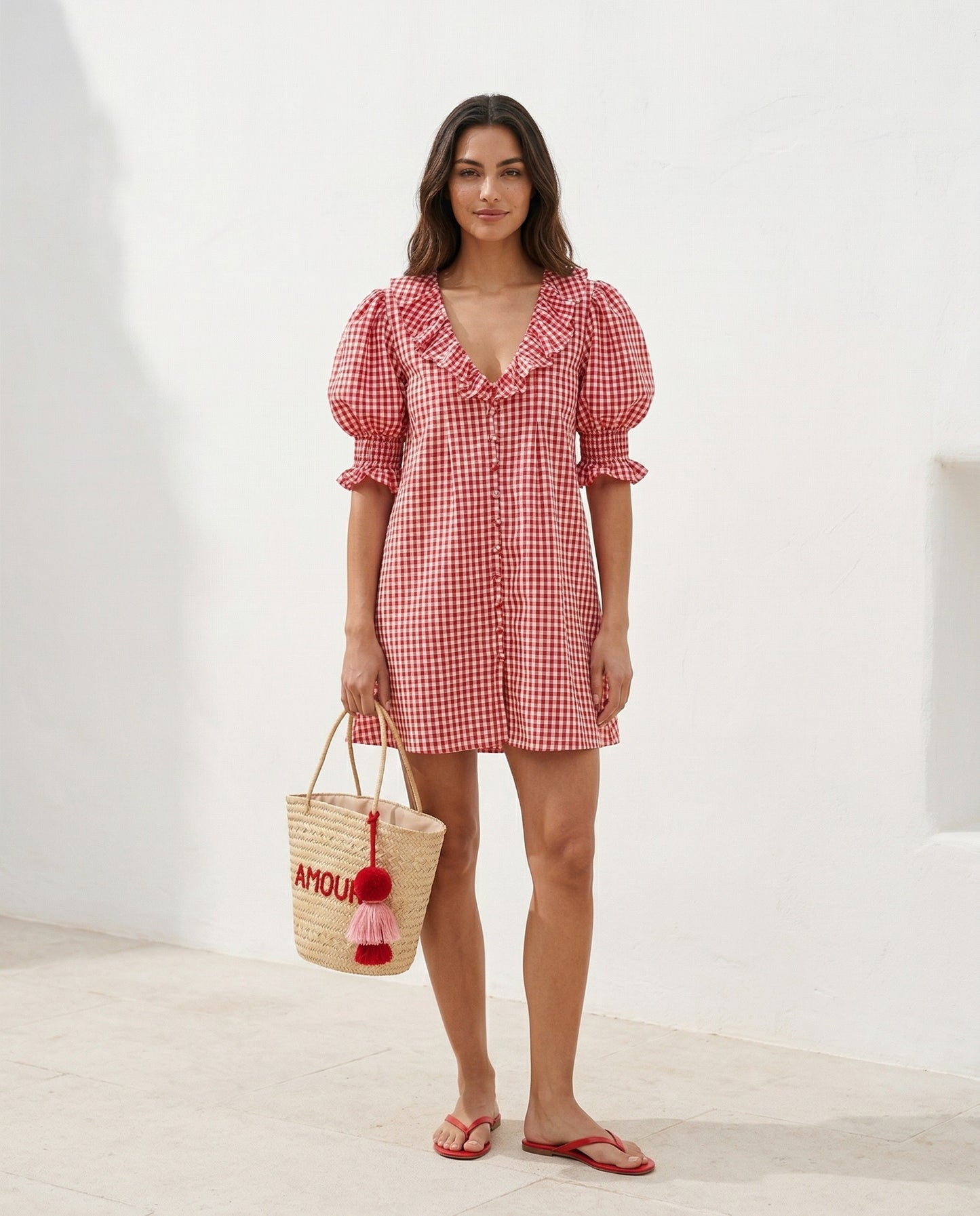 Rotes Vichy-Karo Minikleid, handgefertigt, feminines Hemdblusenkleid, Slow Fashion, leicht und luftig für den Sommer.