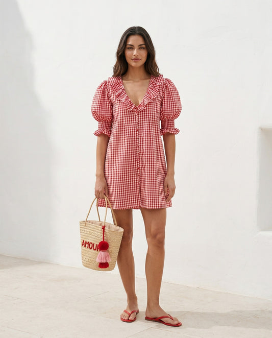 Rotes Vichy-Karo Minikleid, handgefertigt, feminines Hemdblusenkleid, Slow Fashion, leicht und luftig für den Sommer.
