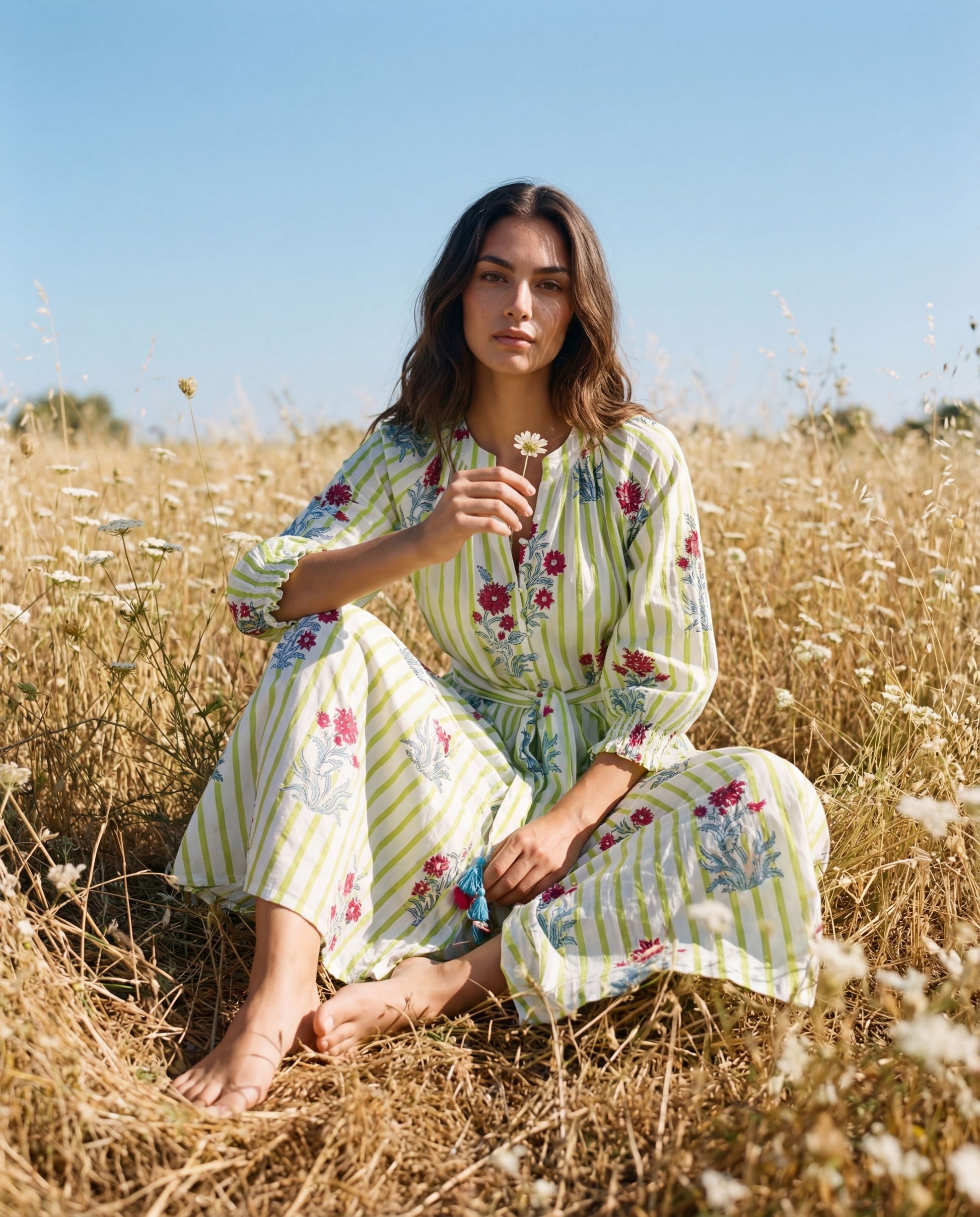 Rumi – Handbedrucktes Baumwollkleid, handgefertigt, aus Baumwolle, blumiges Design in lebhaften Farben, Slow Fashion.