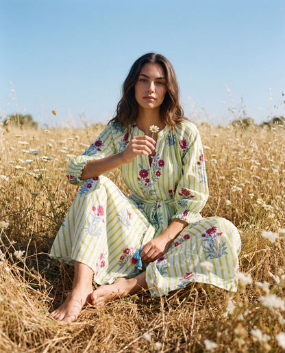 Rumi – Handbedrucktes Baumwollkleid, handgefertigt, aus Baumwolle, blumiges Design in lebhaften Farben, Slow Fashion.