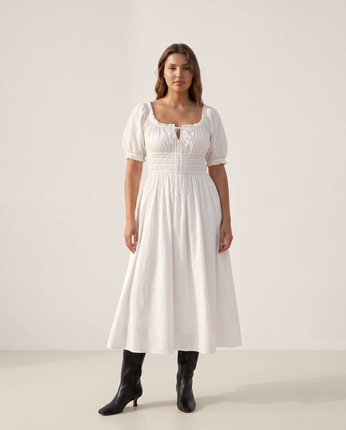 Sommerkleid Weiß Damen – Baumwoll Midi Kleid mit Puffärmeln | Solene Kleid