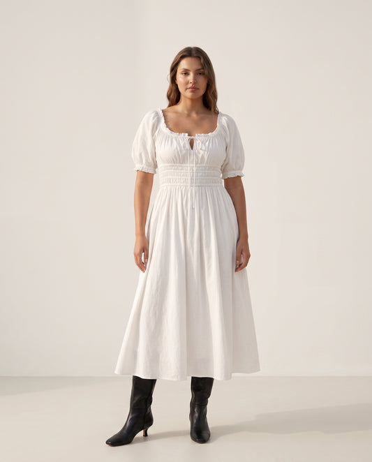 Sommerkleid Weiß Damen – Baumwoll Midi Kleid mit Puffärmeln | Solene Kleid