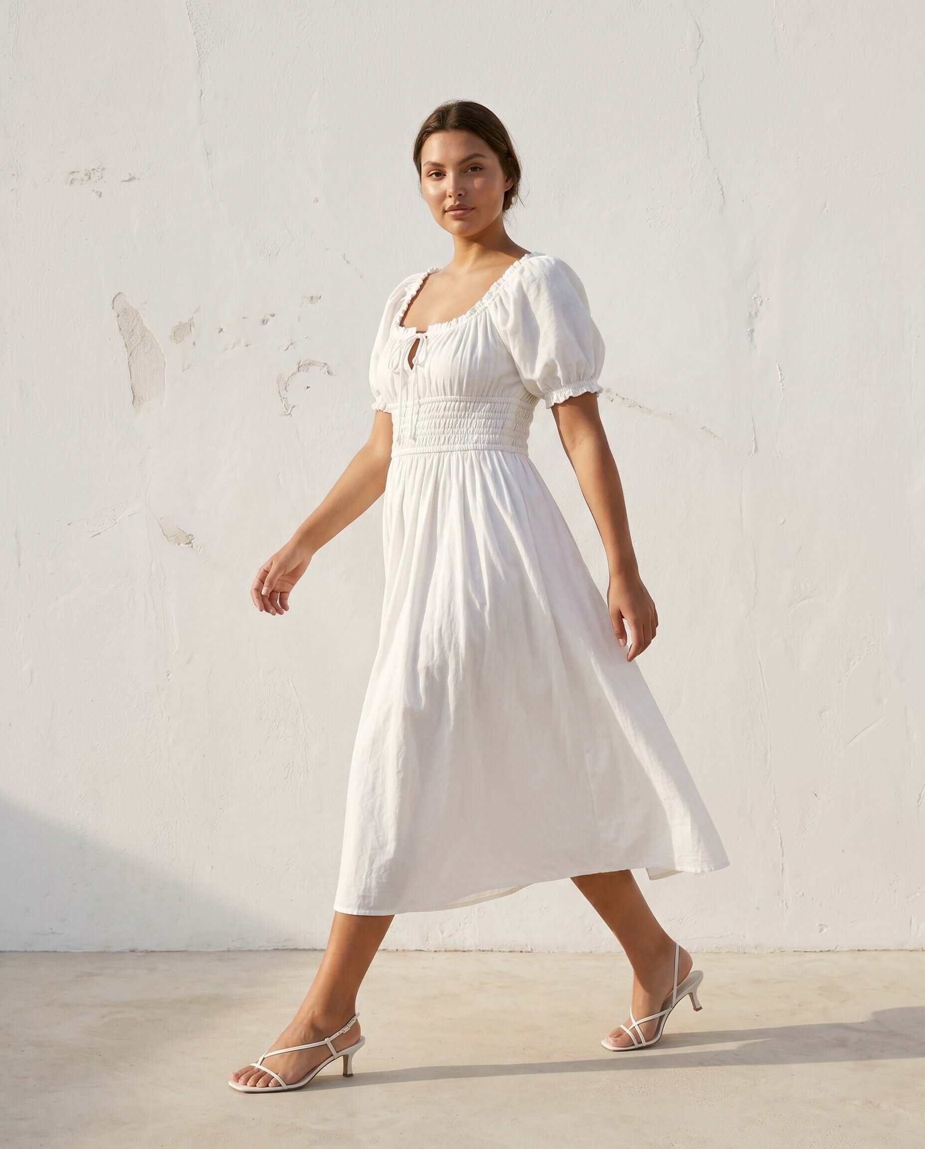 Sommerkleid Weiß Damen – Baumwoll Midi Kleid mit Puffärmeln | Solene Kleid