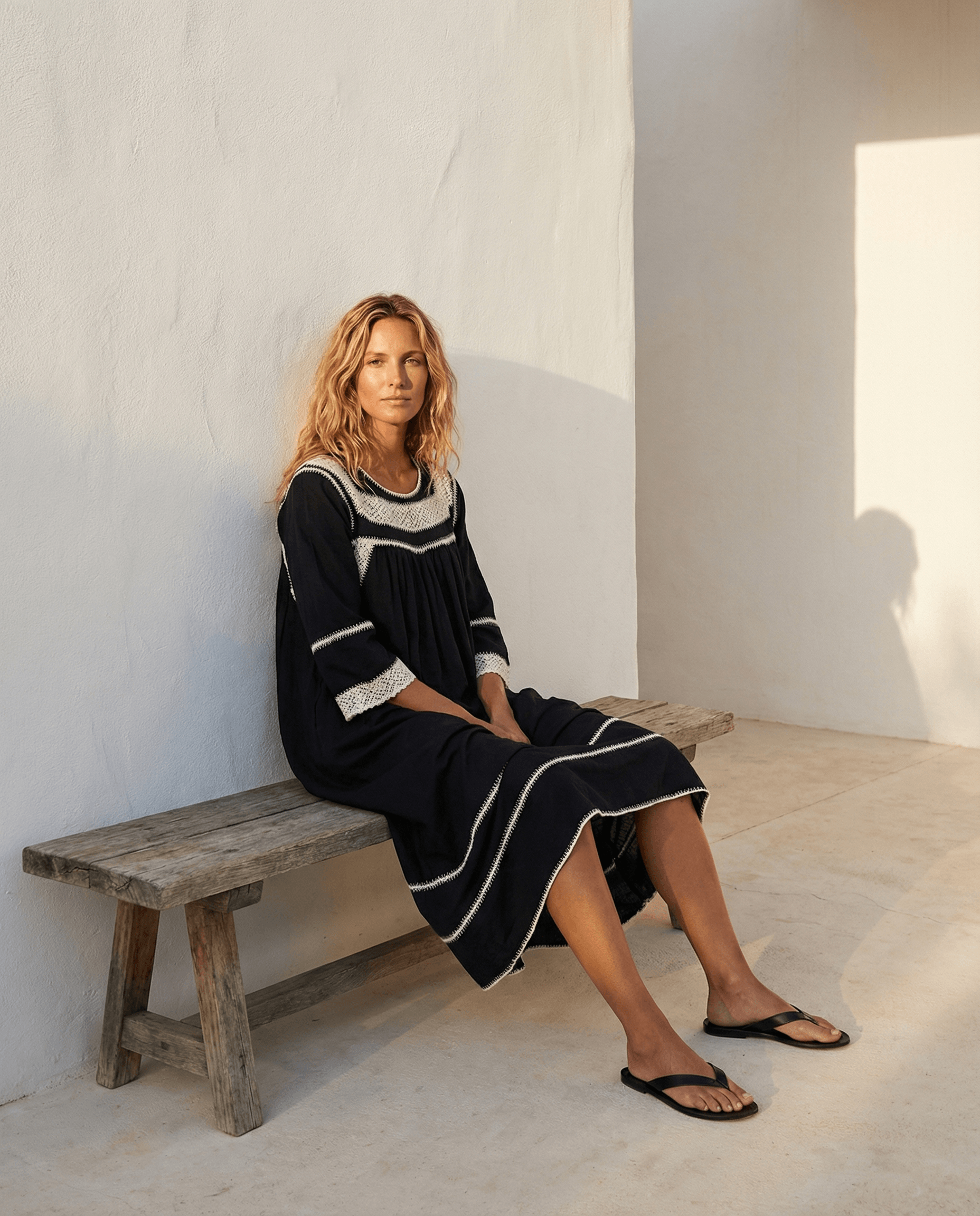 Handbesticktes Maxikleid aus Baumwolle – Schwarz/Creme, handgefertigt, Slow Fashion, elegant und bequem.