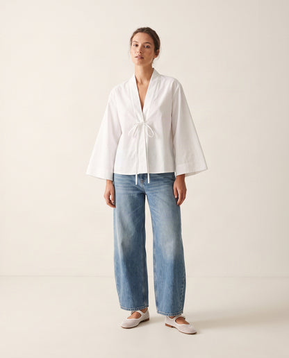 Weiße Baumwollbluse für Damen im Kimono-Stil