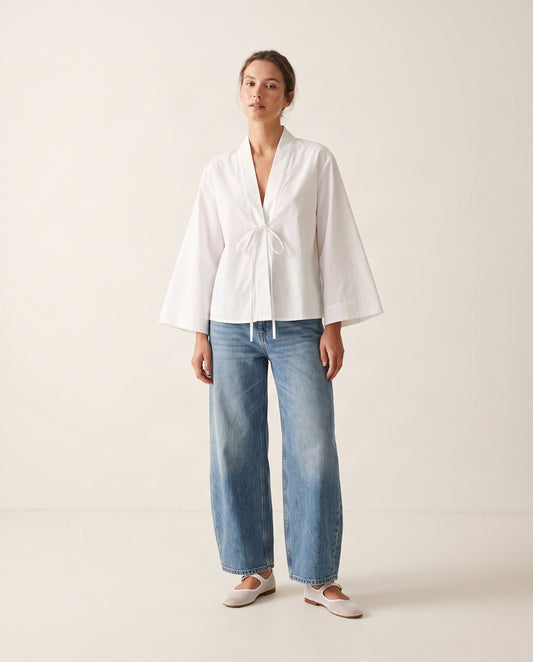 Weiße Baumwollbluse für Damen im Kimono-Stil