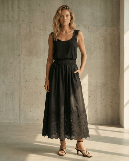 Zoey schwarzer Baumwoll-Midirock