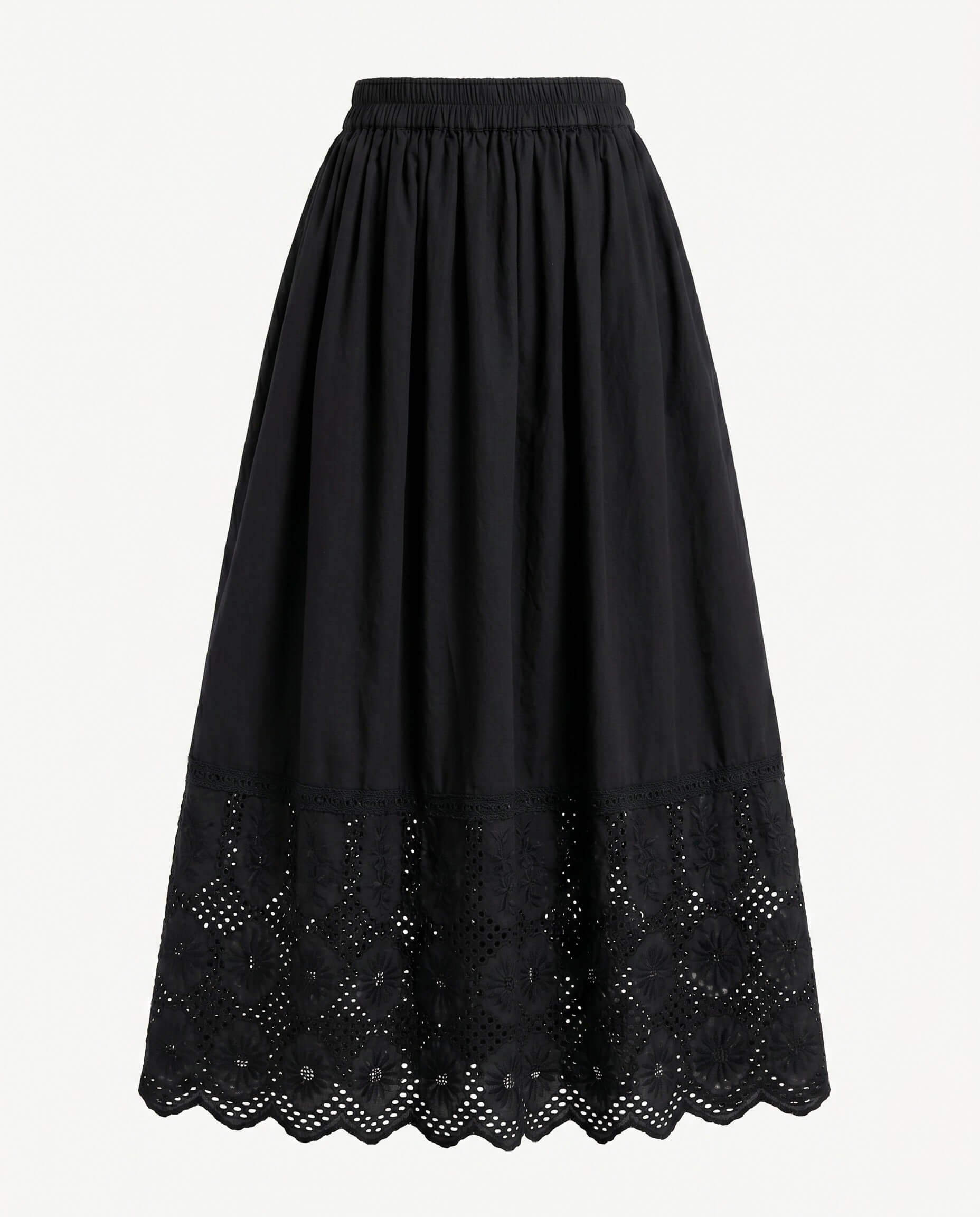 Black cotton skirt with delicate lace trimming at the hem, elastic waistband and deep side pockets, minimalist summer skirt