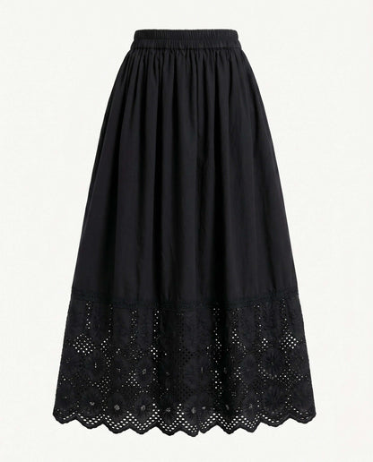 Black cotton skirt with delicate lace trimming at the hem, elastic waistband and deep side pockets, minimalist summer skirt