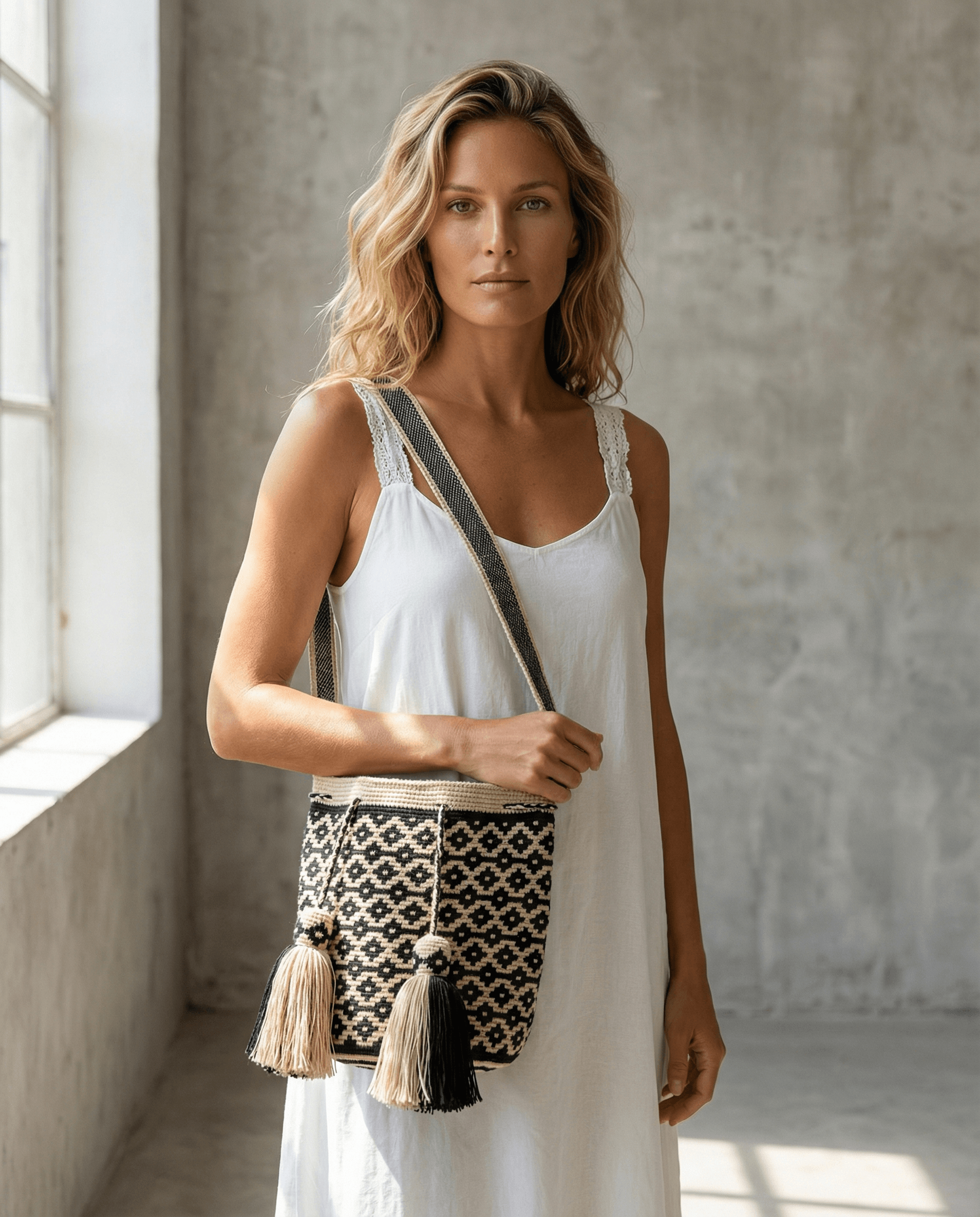Wayuu Tasche Nr. 24 – Waldgrün/Creme, handgefertigt von Wayuu-Frauen in Kolumbien, Slow Fashion Handwerkskunst.